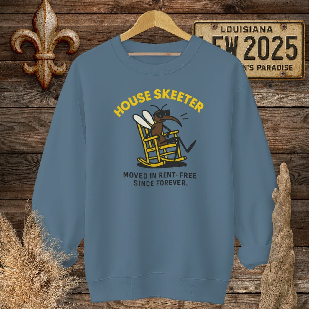 S / Indigo Blue Louisiana House Skeeter Funny Mosquito Sweatshirt by Laissez Faire Wear