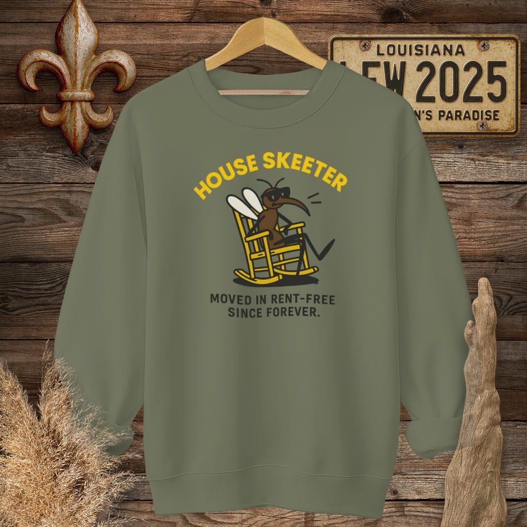 S / Military Green Louisiana House Skeeter Funny Mosquito Sweatshirt by Laissez Faire Wear