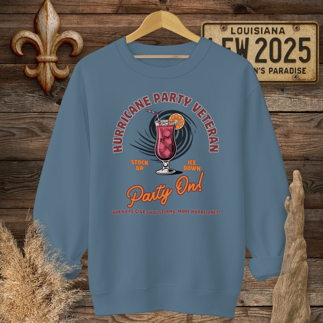 S / Indigo Blue Louisiana Hurricane Party Veteran Sweatshirt by Laissez Faire Wear