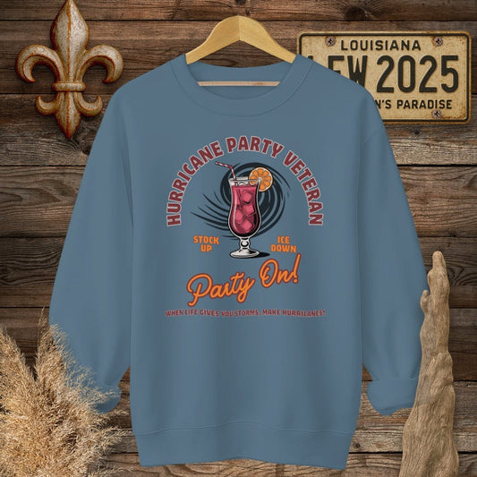 S / Indigo Blue Louisiana Hurricane Party Veteran Sweatshirt by Laissez Faire Wear