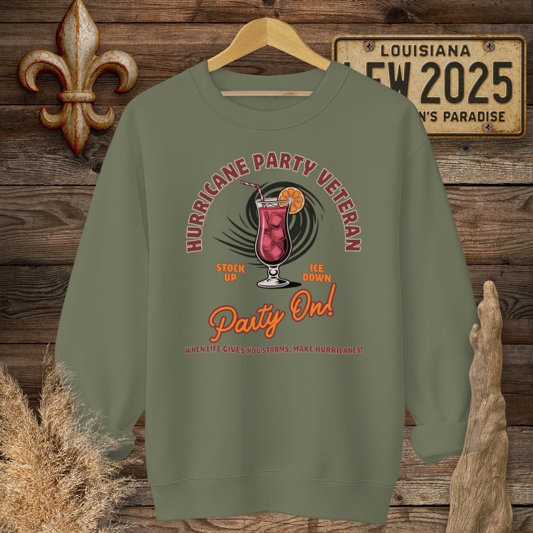 S / Military Green Louisiana Hurricane Party Veteran Sweatshirt by Laissez Faire Wear