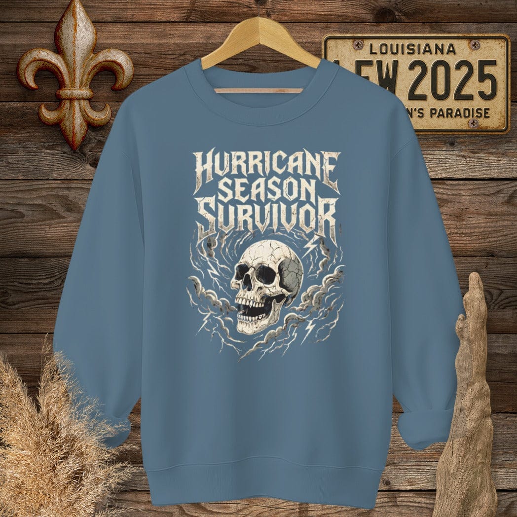S / Indigo Blue Louisiana Hurricane Season Survivor Sweatshirt by Laissez Faire Wear