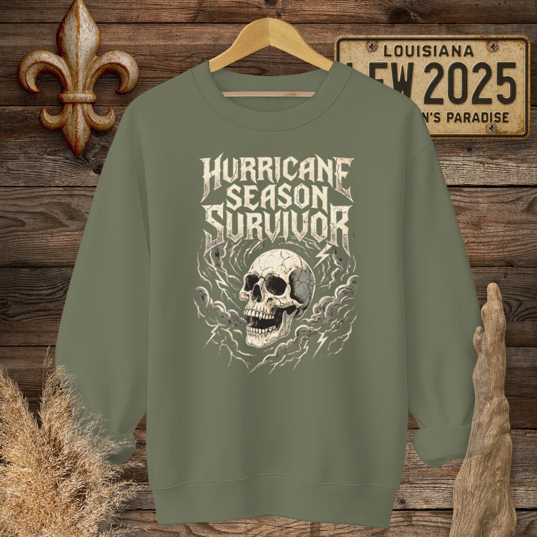 S / Military Green Louisiana Hurricane Season Survivor Sweatshirt by Laissez Faire Wear