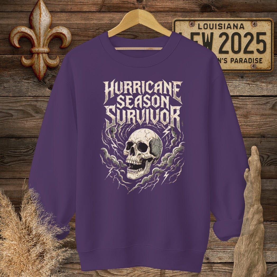S / Purple Louisiana Hurricane Season Survivor Sweatshirt by Laissez Faire Wear