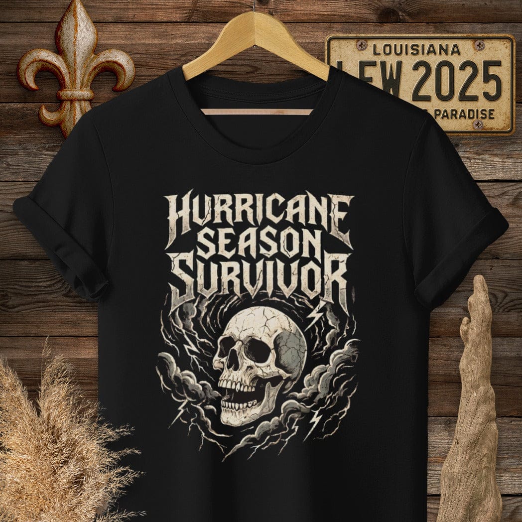 S / Black Louisiana Hurricane Season Survivor T-Shirt by Laissez Faire Wear