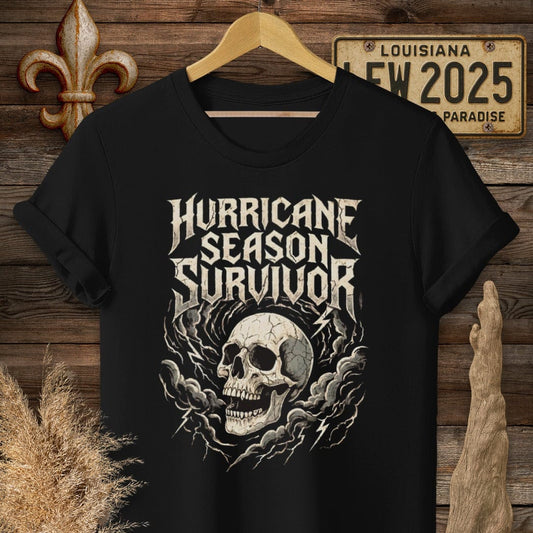 S / Black Louisiana Hurricane Season Survivor T-Shirt by Laissez Faire Wear