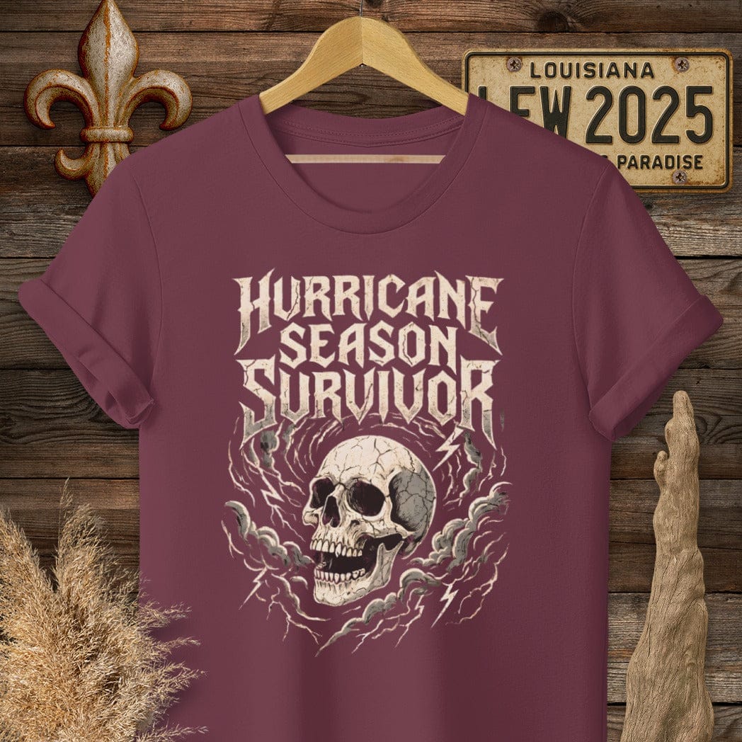 S / Maroon Louisiana Hurricane Season Survivor T-Shirt by Laissez Faire Wear