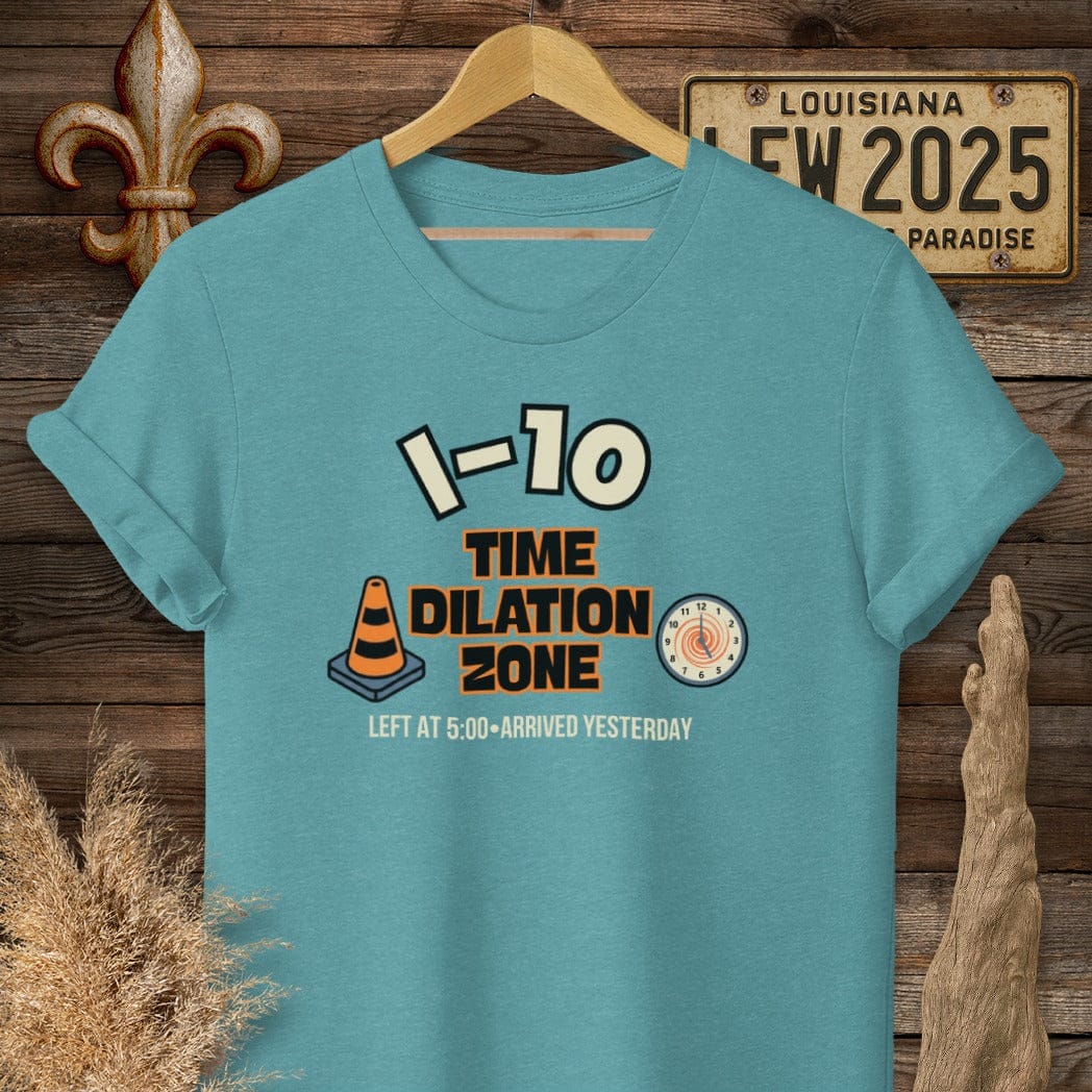 S / Heather Galapagos Blue Louisiana I-10 Time Dilation T-Shirt by Laissez Faire Wear