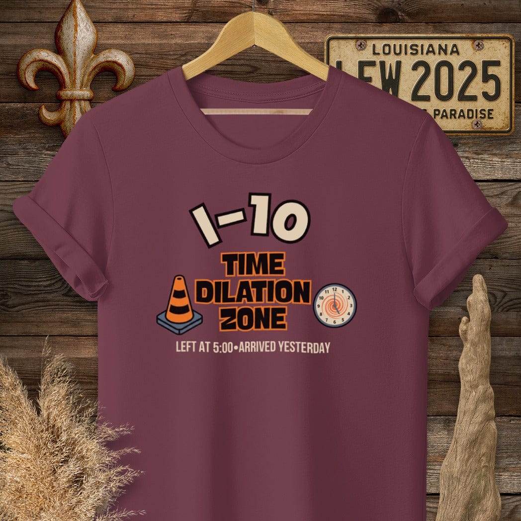 S / Maroon Louisiana I-10 Time Dilation T-Shirt by Laissez Faire Wear