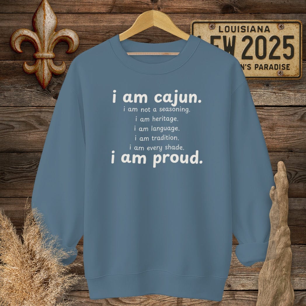 S / Indigo Blue Louisiana I Am Cajun Sweatshirt by Laissez Faire Wear