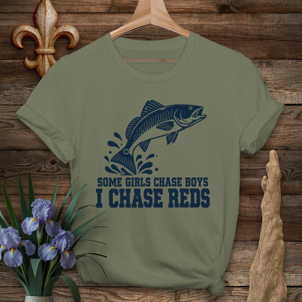 S / Military Green Louisiana I Chase Reds T-Shirt by Laissez Faire Wear