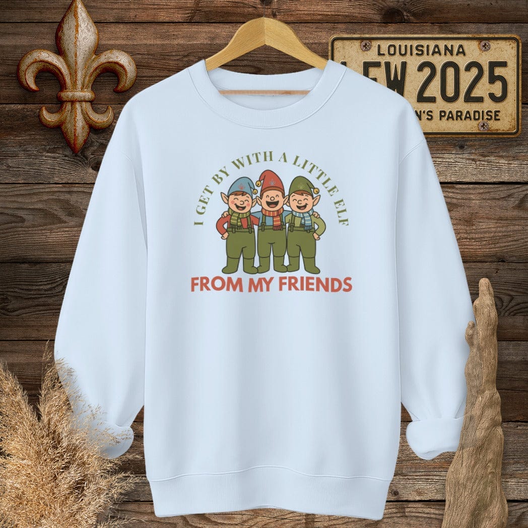 S / Light Blue Louisiana I Get By With A Little Elf Christmas Sweatshirt by Laissez Faire Wear
