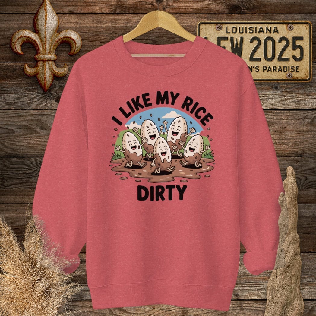 S / Heather Scarlet Red Louisiana I Like My Rice Dirty Sweatshirt by Laissez Faire Wear