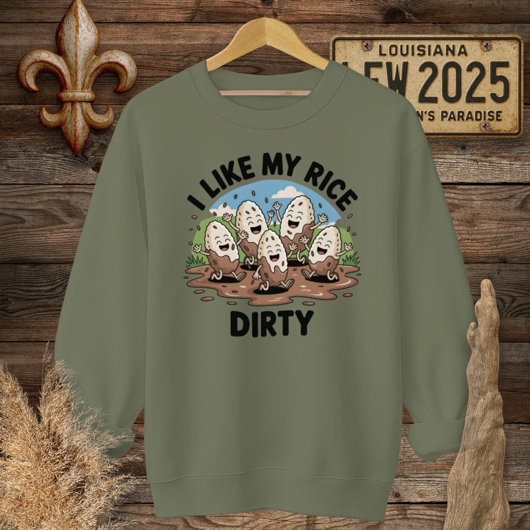 S / Military Green Louisiana I Like My Rice Dirty Sweatshirt by Laissez Faire Wear