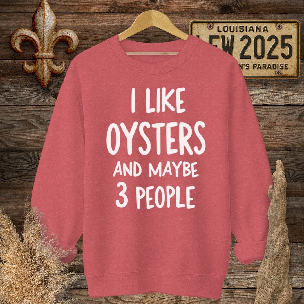 S / Heather Scarlet Red Louisiana I Like Oysters and Maybe 3 People Sweatshirt by Laissez Faire Wear