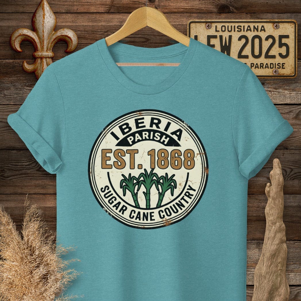 S / Heather Galapagos Blue Louisiana Iberia Parish T-Shirt by Laissez Faire Wear