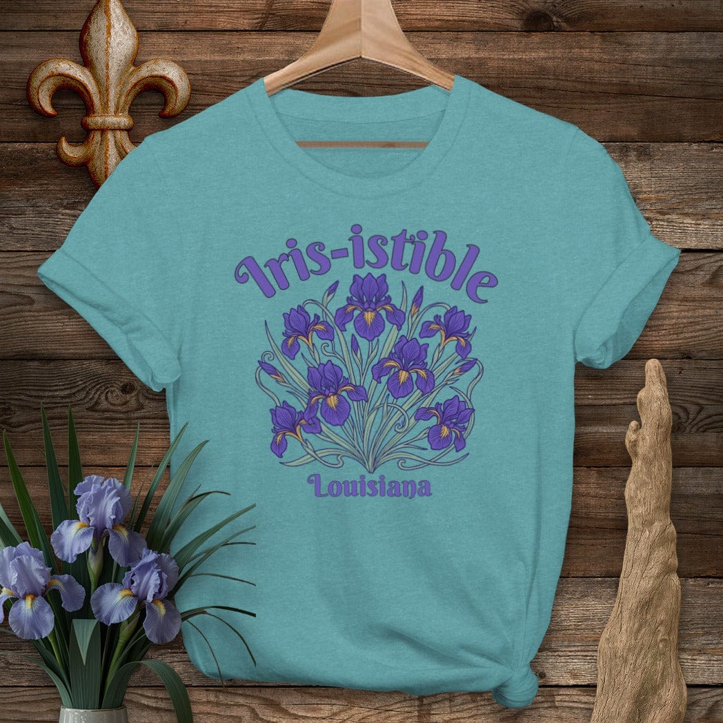 S / Heather Galapagos Blue Louisiana Iris-istible T-Shirt by Laissez Faire Wear