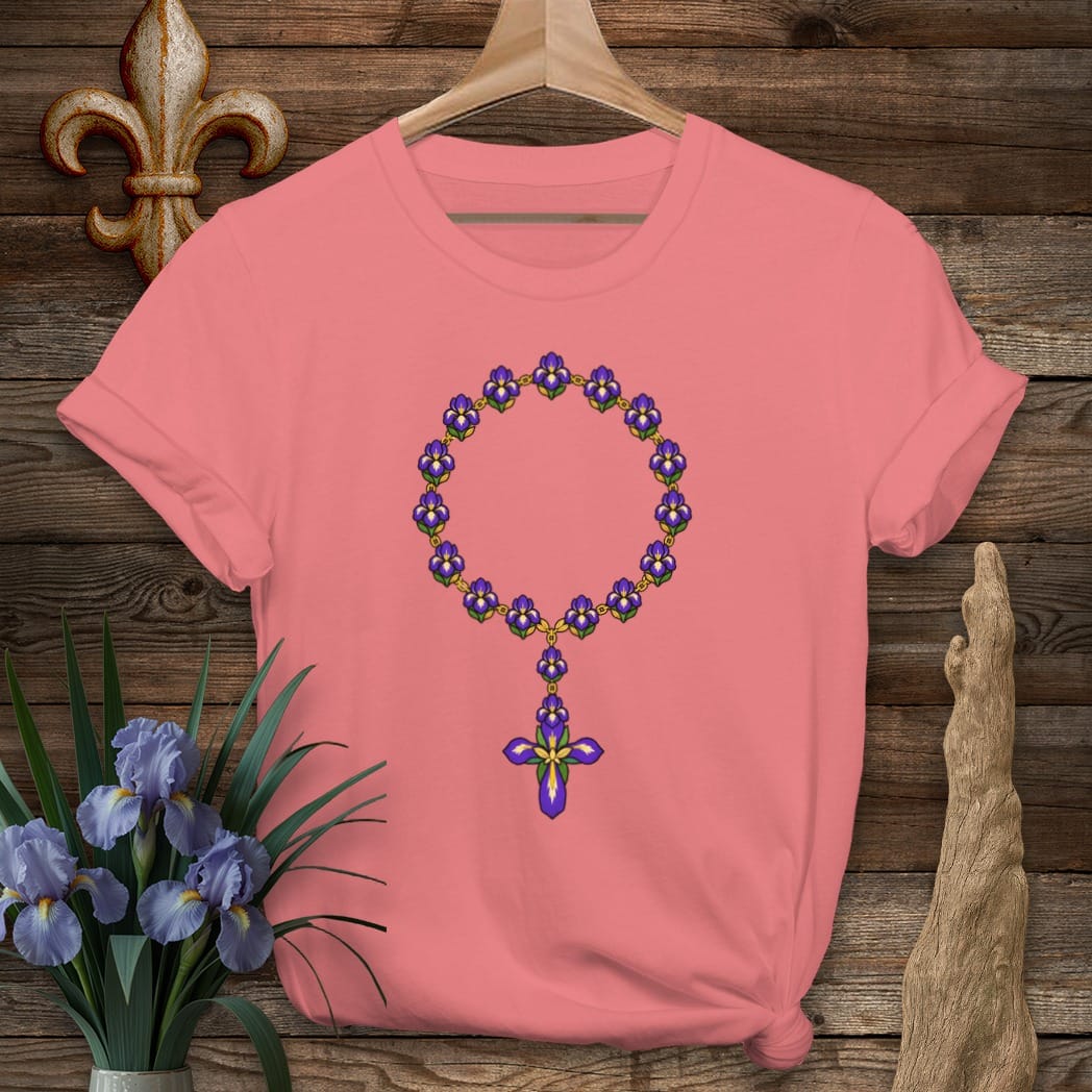 S / Coral Silk Louisiana Iris Rosary Beads T-Shirt by Laissez Faire Wear