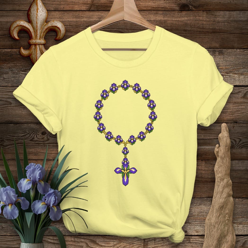 S / Cornsilk Louisiana Iris Rosary Beads T-Shirt by Laissez Faire Wear