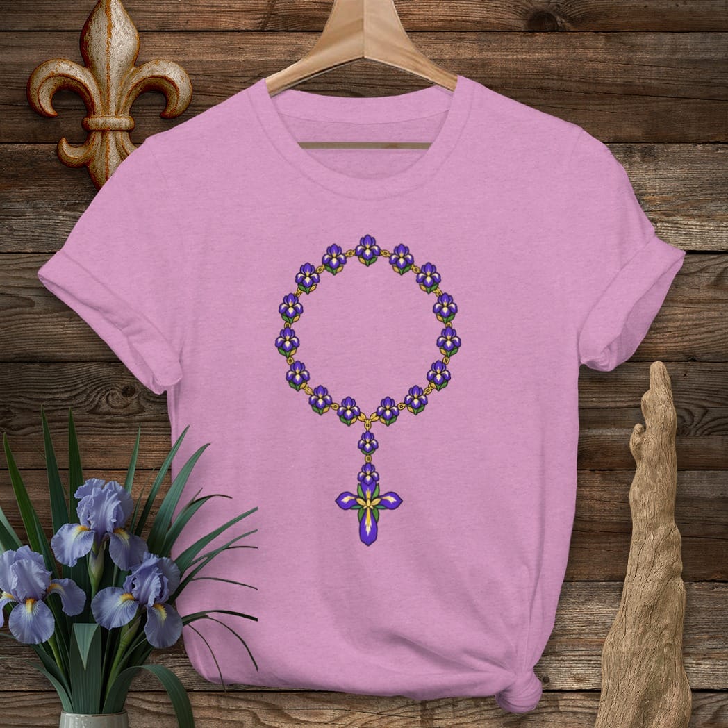S / Heather Radiant Orchid Louisiana Iris Rosary Beads T-Shirt by Laissez Faire Wear