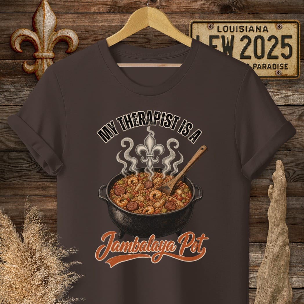S / Dark Chocolate Louisiana Jambalaya Pot Therapist T-Shirt by Laissez Faire Wear