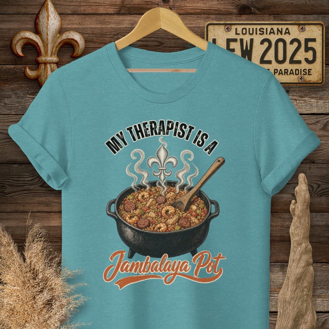 S / Heather Galapagos Blue Louisiana Jambalaya Pot Therapist T-Shirt by Laissez Faire Wear
