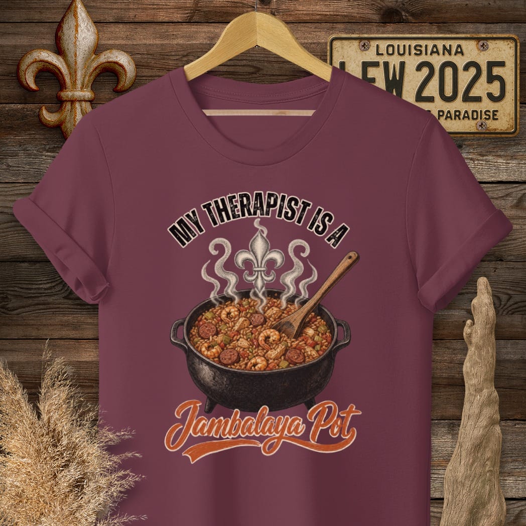 S / Maroon Louisiana Jambalaya Pot Therapist T-Shirt by Laissez Faire Wear