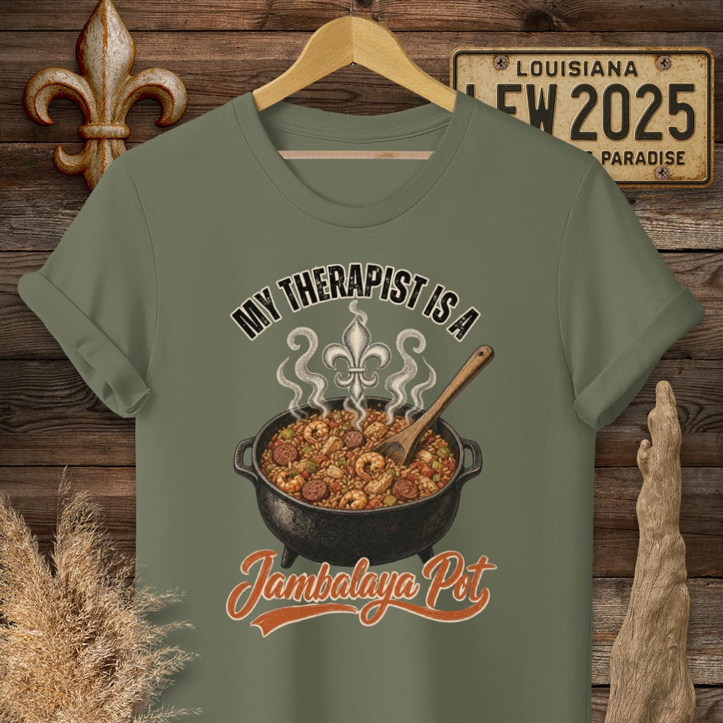 S / Military Green Louisiana Jambalaya Pot Therapist T-Shirt by Laissez Faire Wear