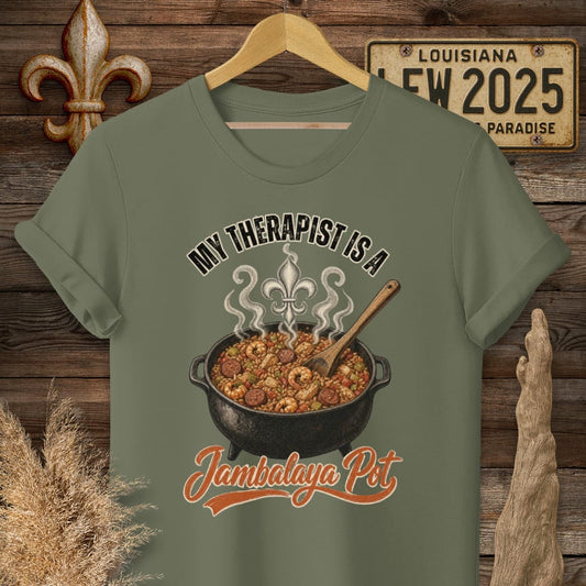 S / Military Green Louisiana Jambalaya Pot Therapist T-Shirt by Laissez Faire Wear