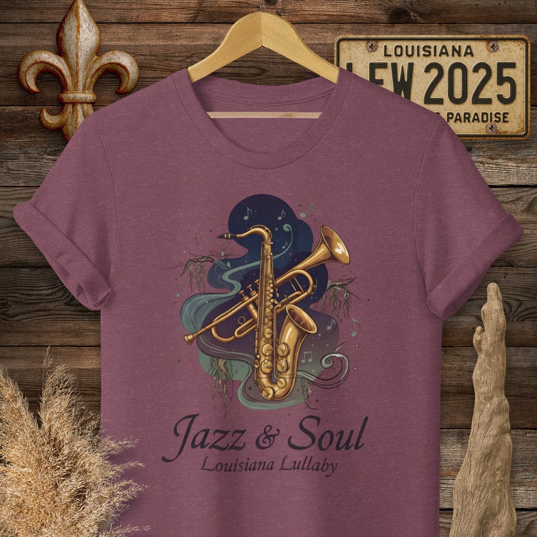S / Heather Maroon Louisiana Jazz & Soul T-Shirt by Laissez Faire Wear