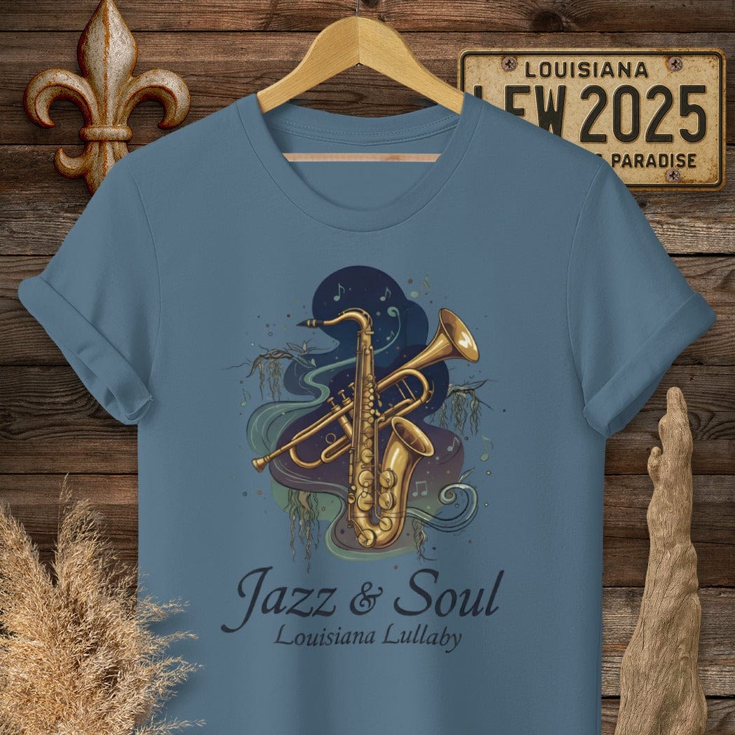 S / Indigo Blue Louisiana Jazz & Soul T-Shirt by Laissez Faire Wear