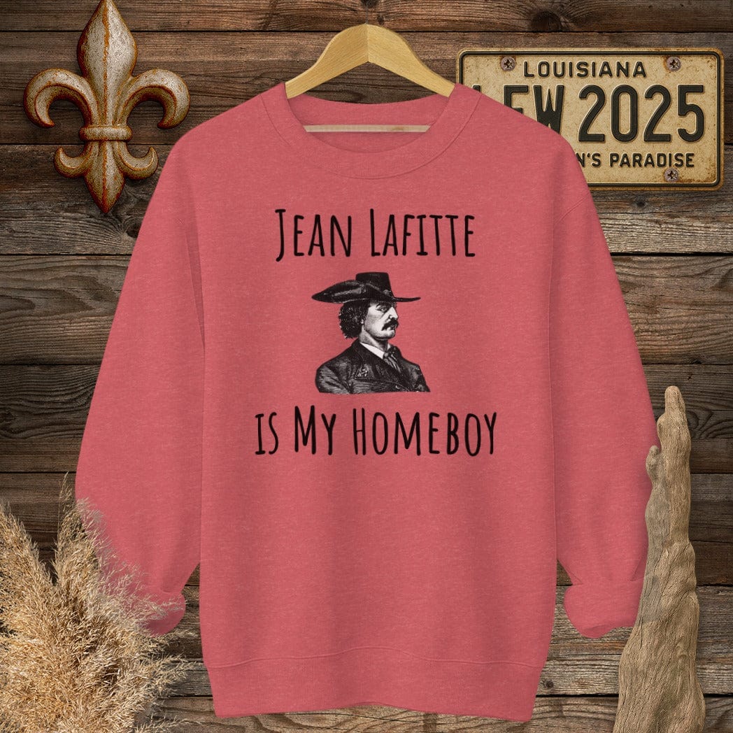 S / Heather Scarlet Red Louisiana Jean Lafitte is My Homeboy Funny History Sweatshirt by Laissez Faire Wear