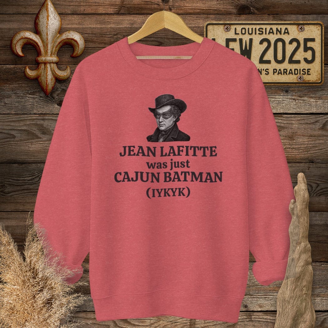 S / Heather Scarlet Red Louisiana Jean Lafitte Was Just Cajun Batman Sweatshirt by Laissez Faire Wear