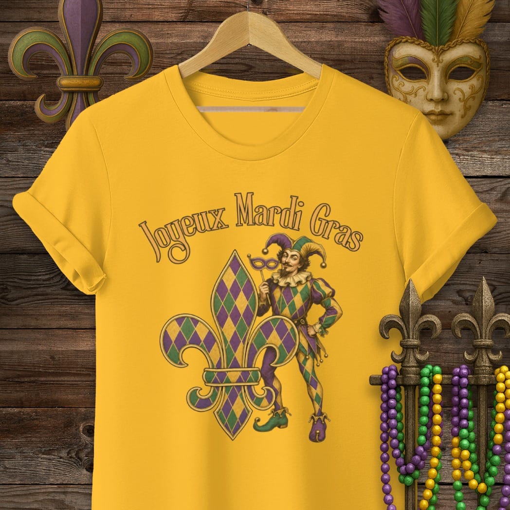 S / Gold Louisiana Joyeux Mardi Gras T-Shirt by Laissez Faire Wear