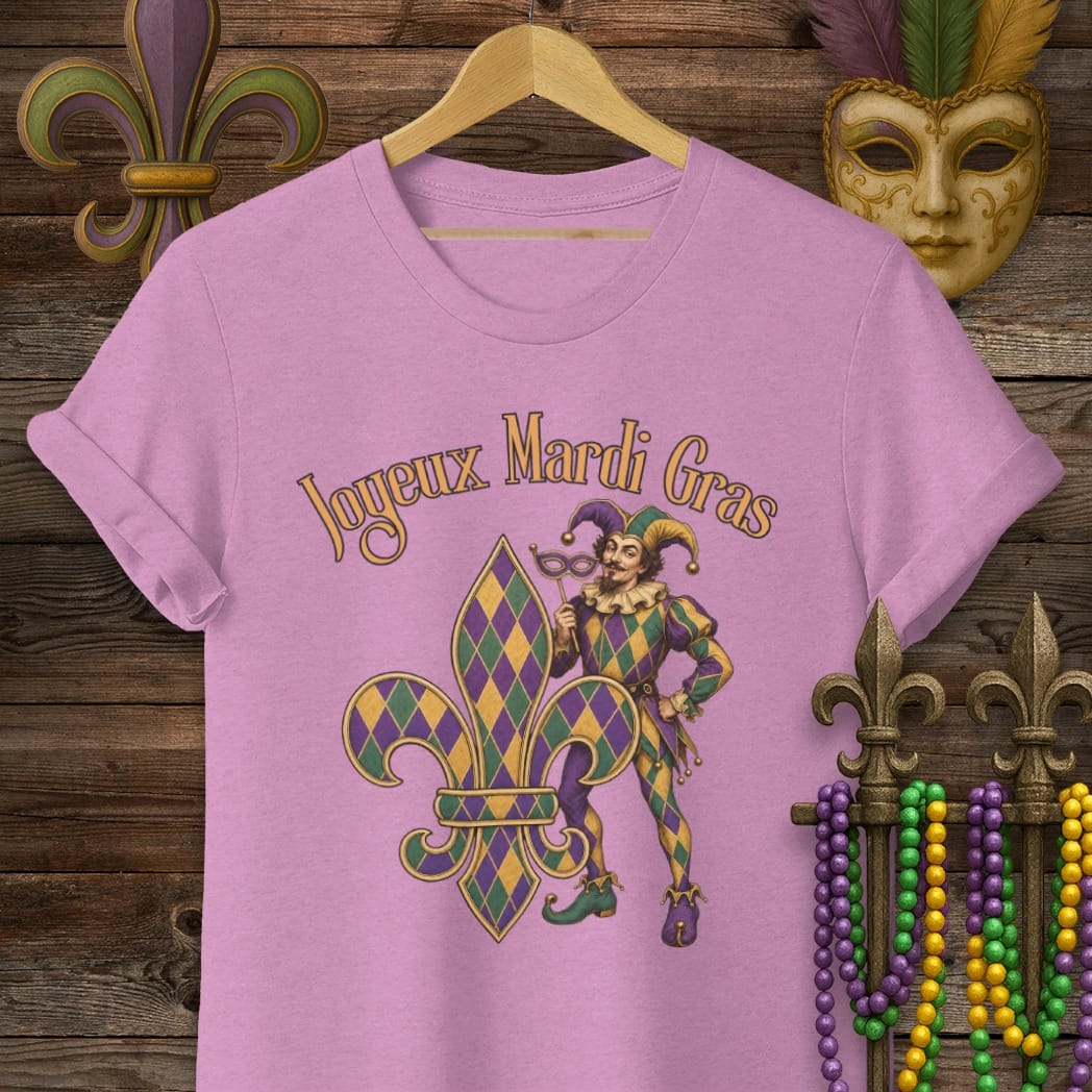 S / Heather Radiant Orchid Louisiana Joyeux Mardi Gras T-Shirt by Laissez Faire Wear