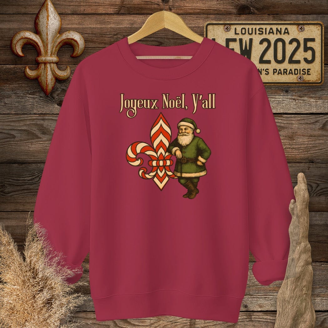 S / Cardinal Red Louisiana Joyeux Noel, Y'all Christmas Sweatshirt by Laissez Faire Wear