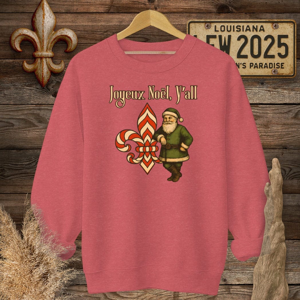 S / Heather Scarlet Red Louisiana Joyeux Noel, Y'all Christmas Sweatshirt by Laissez Faire Wear