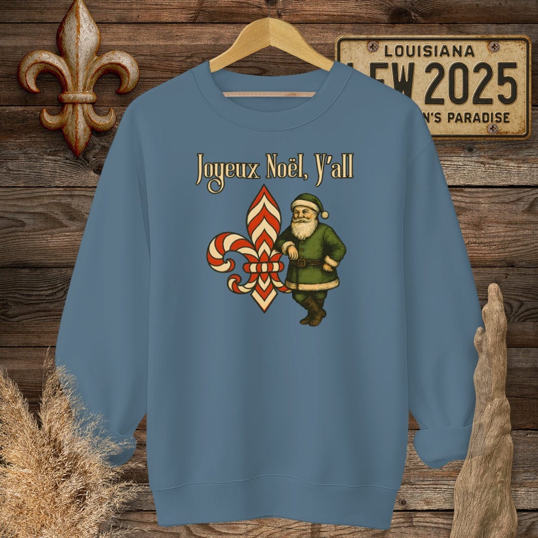 S / Indigo Blue Louisiana Joyeux Noel, Y'all Christmas Sweatshirt by Laissez Faire Wear