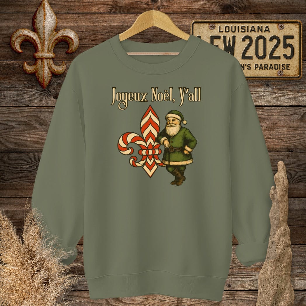 S / Military Green Louisiana Joyeux Noel, Y'all Christmas Sweatshirt by Laissez Faire Wear