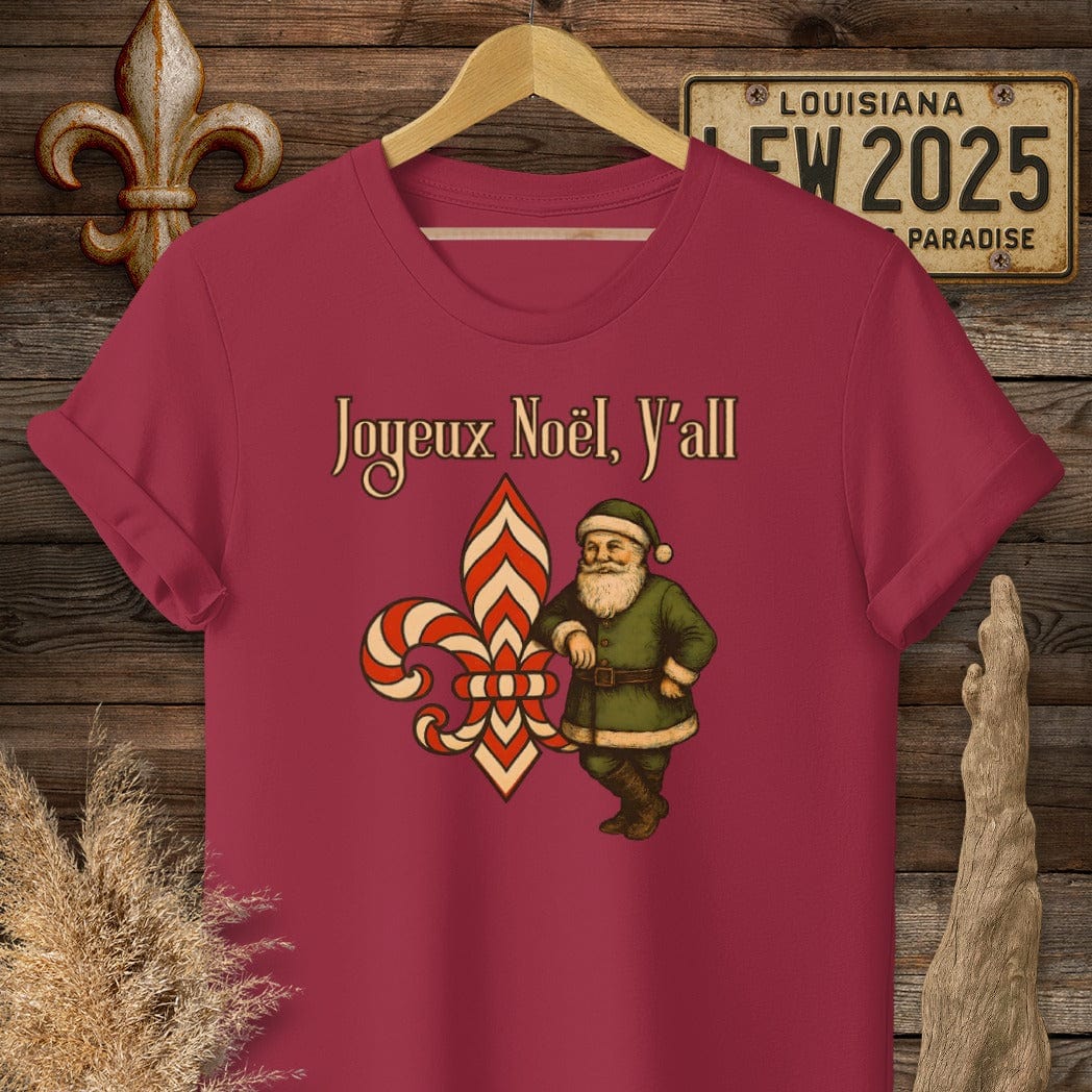 S / Cardinal Red Louisiana Joyeux Noel, Y'all Christmas T-Shirt by Laissez Faire Wear