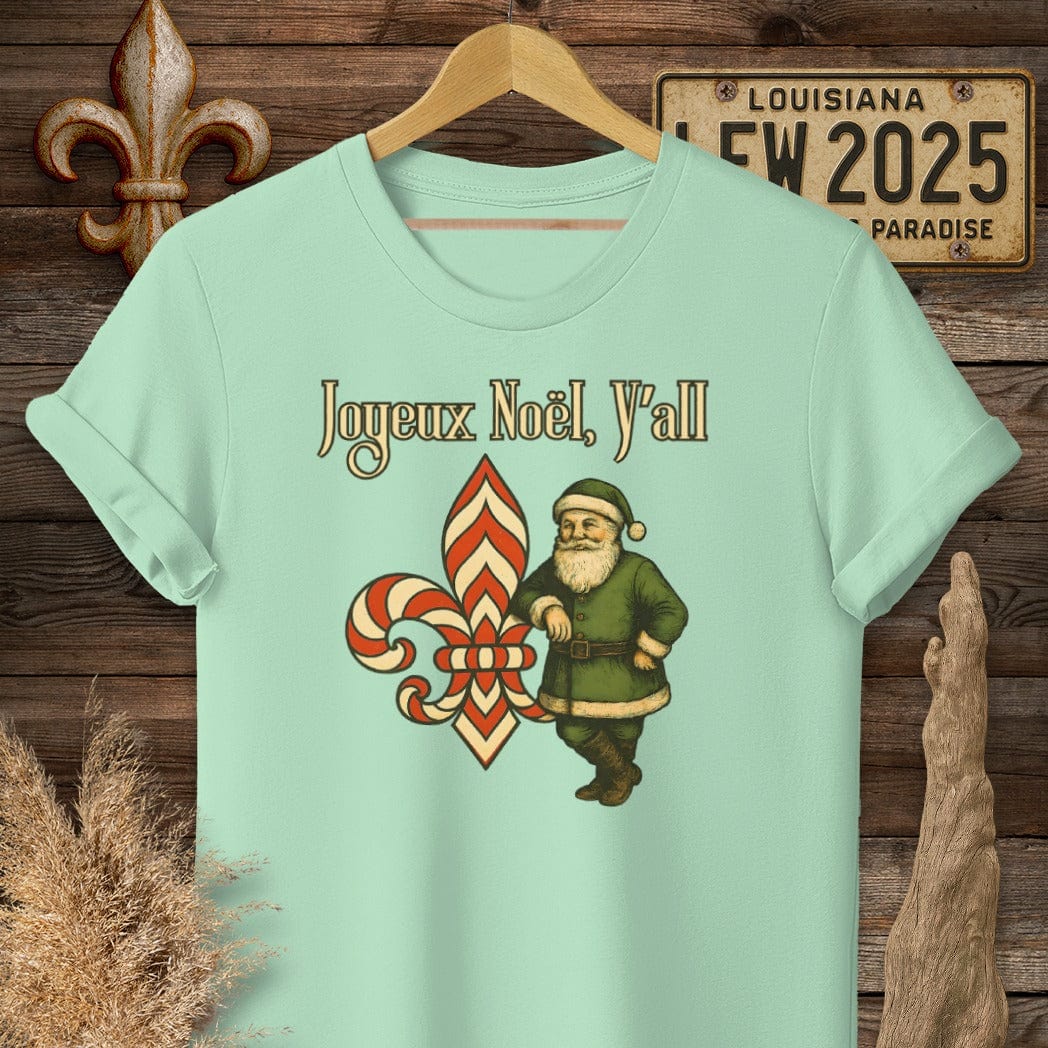 S / Mint Green Louisiana Joyeux Noel, Y'all Christmas T-Shirt by Laissez Faire Wear