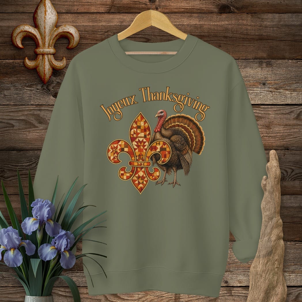 S / Military Green Louisiana Joyeux Thanksgiving Sweatshirt by Laissez Faire Wear