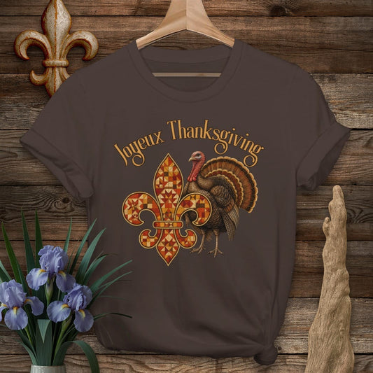 S / Dark Chocolate Louisiana Joyeux Thanksgiving T-Shirt by Laissez Faire Wear