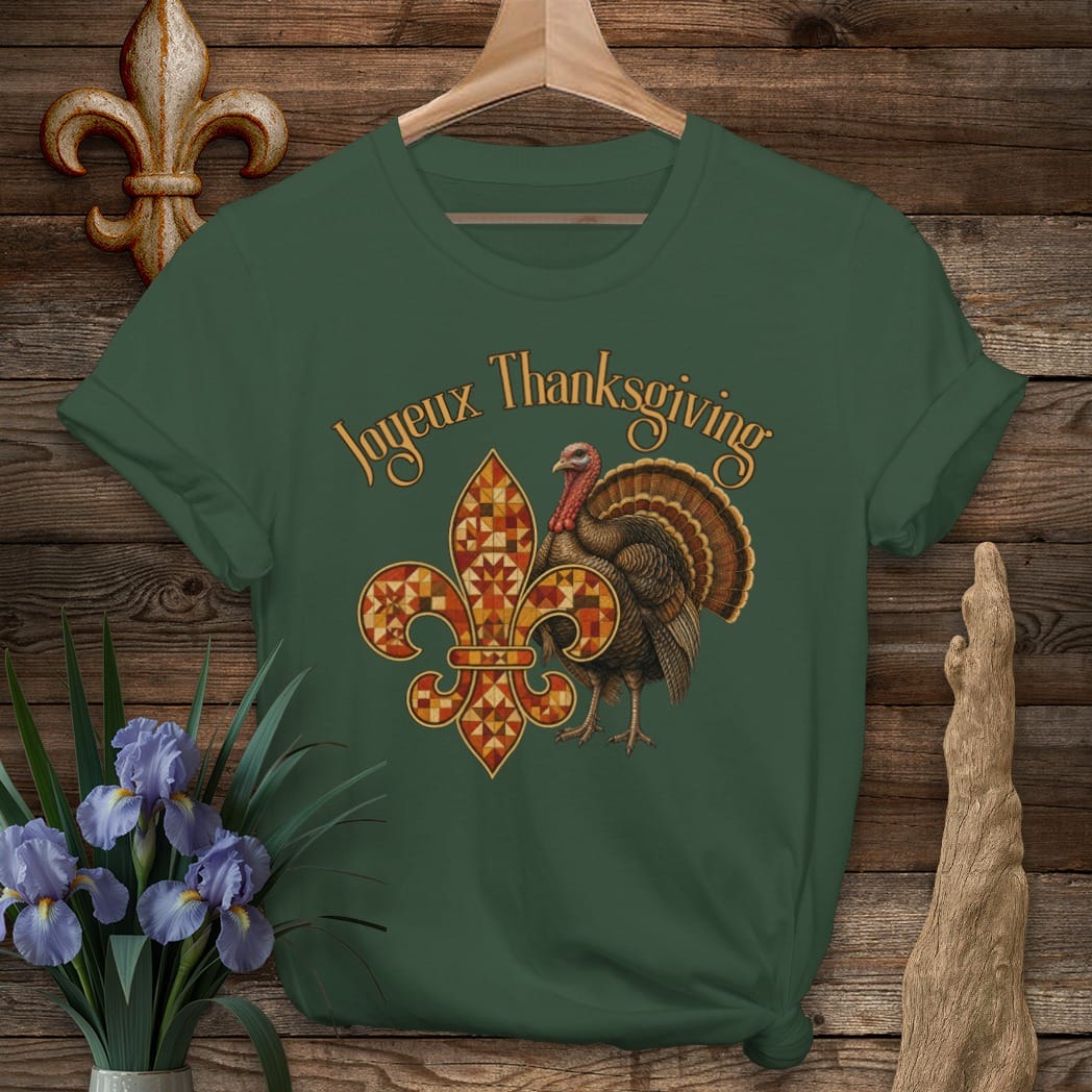 S / Forest Green Louisiana Joyeux Thanksgiving T-Shirt by Laissez Faire Wear