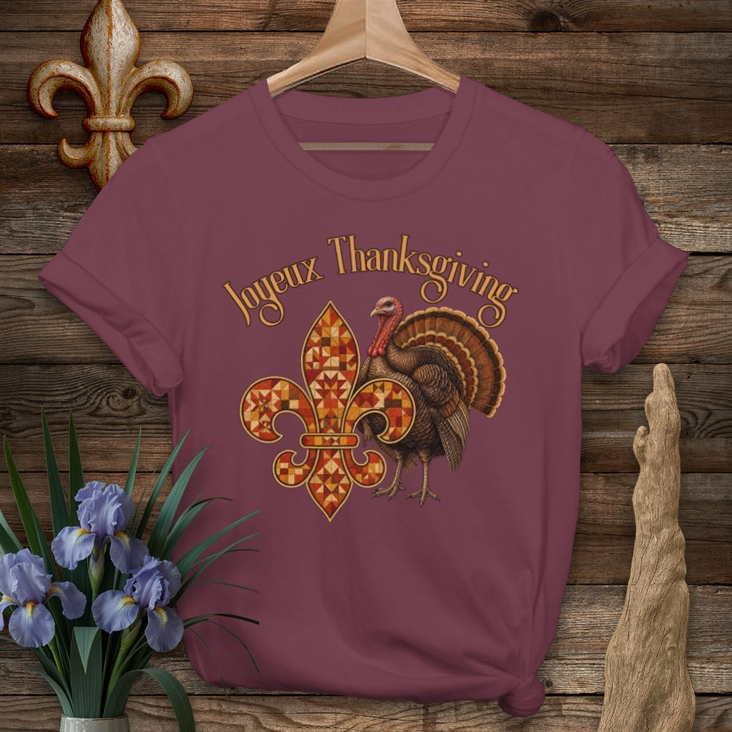 S / Maroon Louisiana Joyeux Thanksgiving T-Shirt by Laissez Faire Wear
