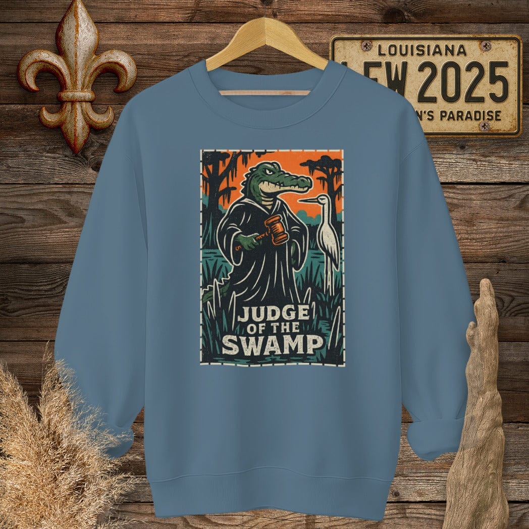S / Indigo Blue Louisiana Judge of the Swamp Sweatshirt by Laissez Faire Wear