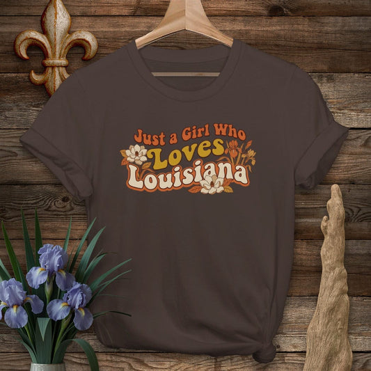 S / Dark Chocolate Louisiana Just a Girl T-Shirt by Laissez Faire Wear