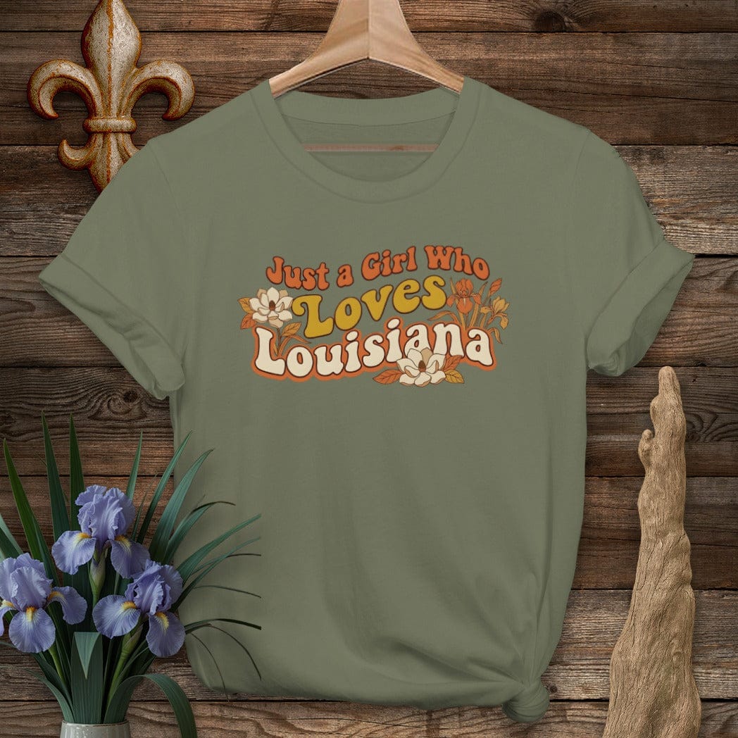 S / Military Green Louisiana Just a Girl T-Shirt by Laissez Faire Wear