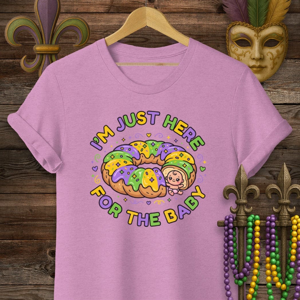 S / Heather Radiant Orchid Louisiana Just Here For The Baby T-Shirt by Laissez Faire Wear