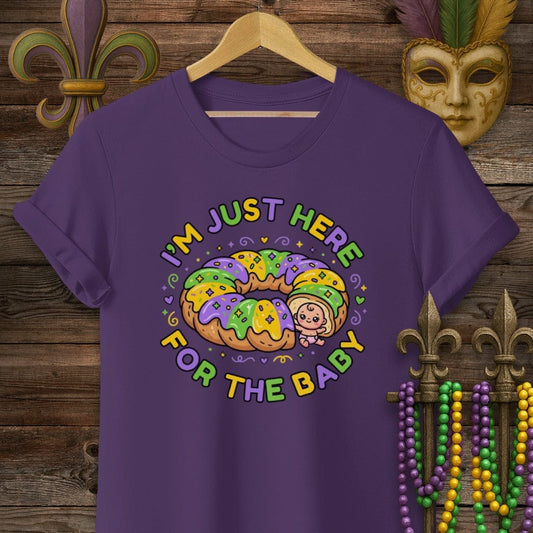 S / Purple Louisiana Just Here For The Baby T-Shirt by Laissez Faire Wear